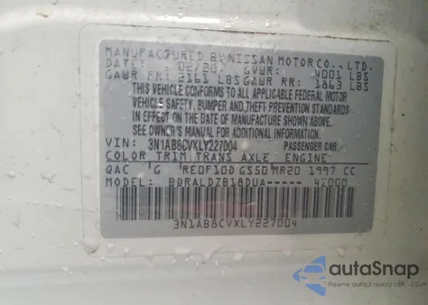 2020 Nissan Sentra Sv z USA, uszkodzony, nr VIN 3N1AB8CVXLY227004